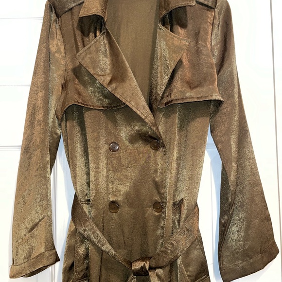 Umgee Long Shiny Green Thin Dressy Trench Coat - Picture 3 of 10